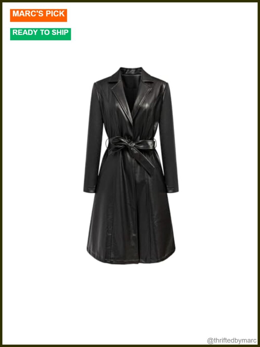 Faux PU Leather Trench Coat Mid Length Belted Motorcycle Biker Overcoat